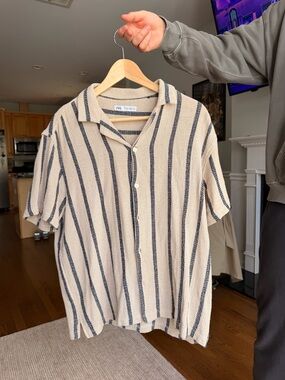 Zara Beige Shirt with Navy Vertical Stripes